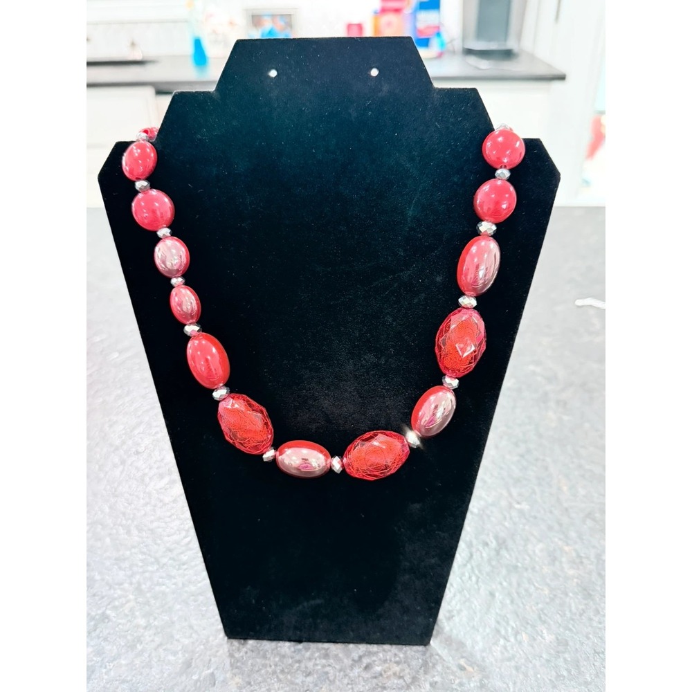 Red Statement Beaded Necklace Faceted Acrylic Oval Beads Silver Tone Adjustable